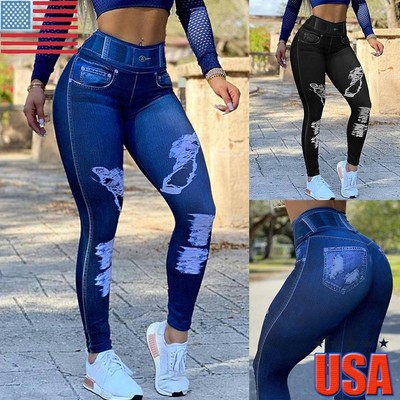 Womens Leggings Denim Look High Waist 
