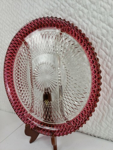Indiana Glass Kings Crown Diamond Point Ruby Flash Divided Dish Relish Tray 12" - Picture 2 of 7