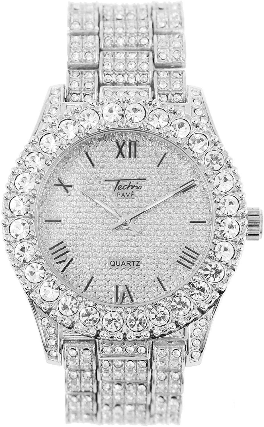 Men Iced Watch Bling Rapper Simulate Diamond Lab Stone Metal Band Silver Luxury