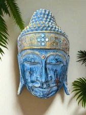 20” Wooden Blue Buddha Wall Mask Hand Carved Wall Decor
