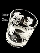 PALM TREES and FLAMINGOS ENGRAVED on a Rocks Whiskey or Dimpled Glass, Beach set