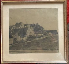 Drawing Coal Um 1920 Art Nouveau Church Small Town At Hang Bavaria Antique