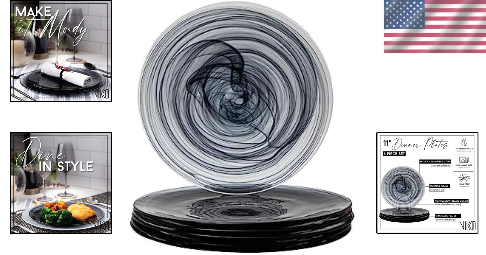 Durable 11-Inch Black Dinner Plates with Swirl Pattern - Dishwasher Safe