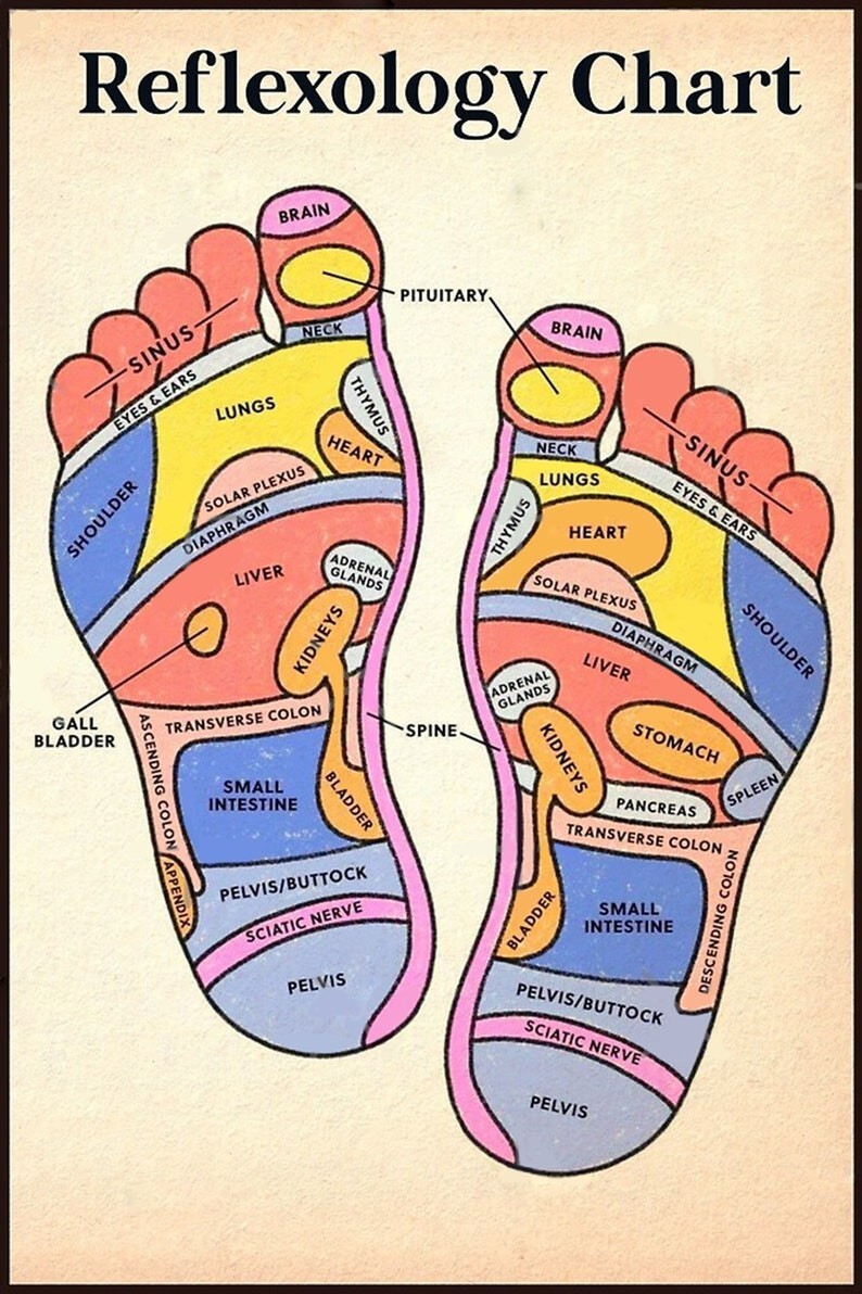 Vintage Foot Reflexology Chart Poster for Massage Therapists