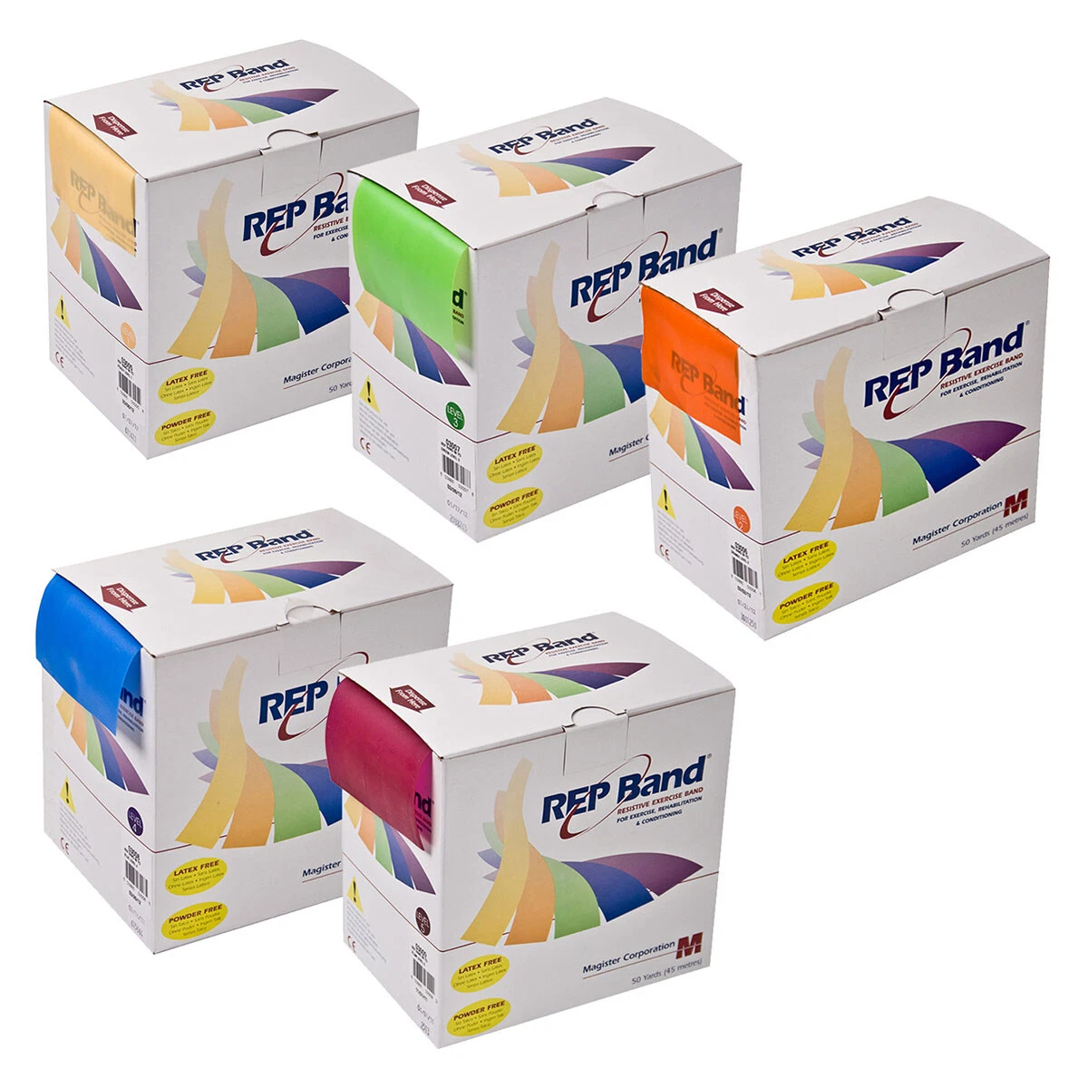 Rep Band Exercise Band - Latex Free - 50 Yard, Set Of 5 (1 Each: Peach - Plum)