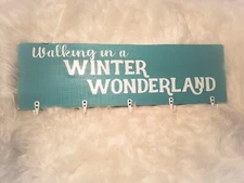 Rustic Stocking Hanger Holder Christmas Sign w/ 5 hooks- Blue/ White