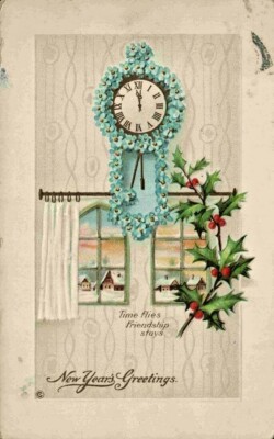 New Year Time Flies Friendship Stays Embossed Flower Wall Clock 1910's Postcard