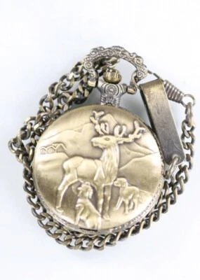 Herren Taschenuhr Quartz Edelstahl Gelbgold 14in Kette Hirsch Hund Jagd Weiß - Bild 1 von 3