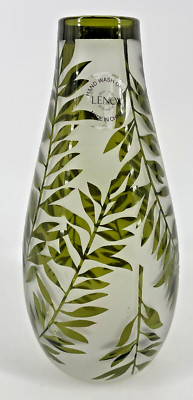 LENOX Botanical Boutique Green Glass Posy Bud Flower Vase Frosted Fern Etched
