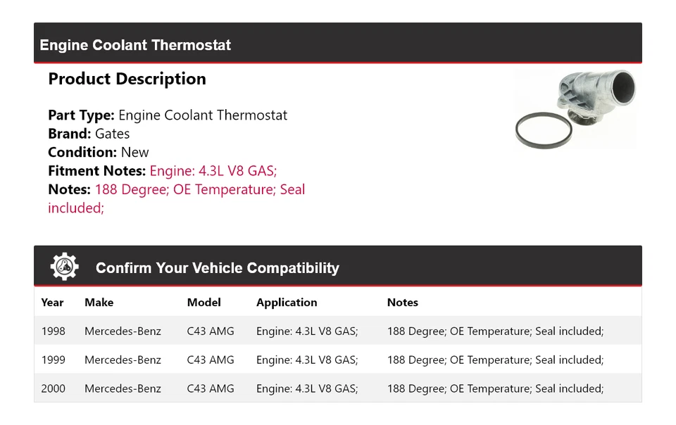 For 1998-2000 Mercedes-Benz C43 AMG 4.3L V8 GAS Engine Coolant Thermostat Gates - Image 2 of 4