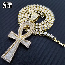 Hip Hop Ankh Cross Pendant 18" Iced 1 Row Cubic Zirconia Tennis Choker Chain Set