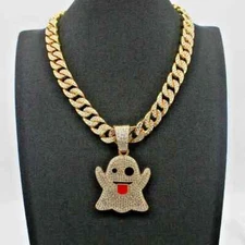 GHOST EMOJI Pendant 13mm 18" 20" 24" Iced Cubic Zirconia Chain Hip Hop Necklace