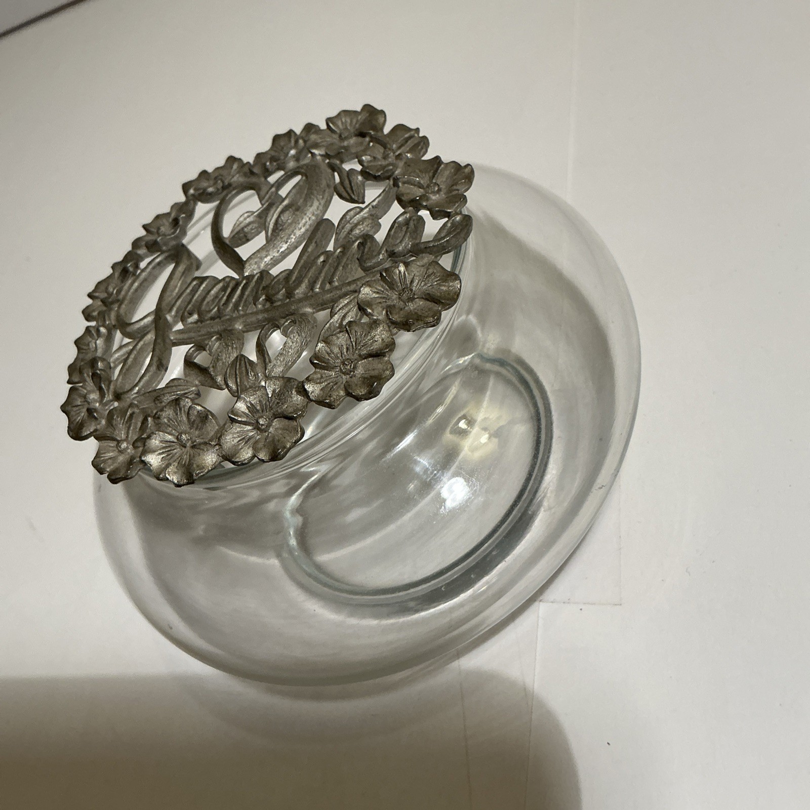 vintage trinket jar, Potpourri Bowl , Or Essential Oils, pewter grandma Lid