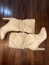 Beige Mid-Calf Slouch Boot Block Heel Round Toe Faux Suede Pull On Women