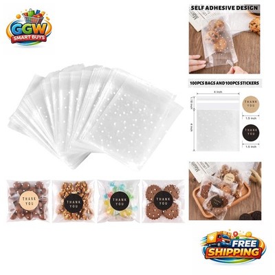 Crystal Clear Self-Sealing Treat Bags - 100 Pack with Thank You Stickers (4x4'')