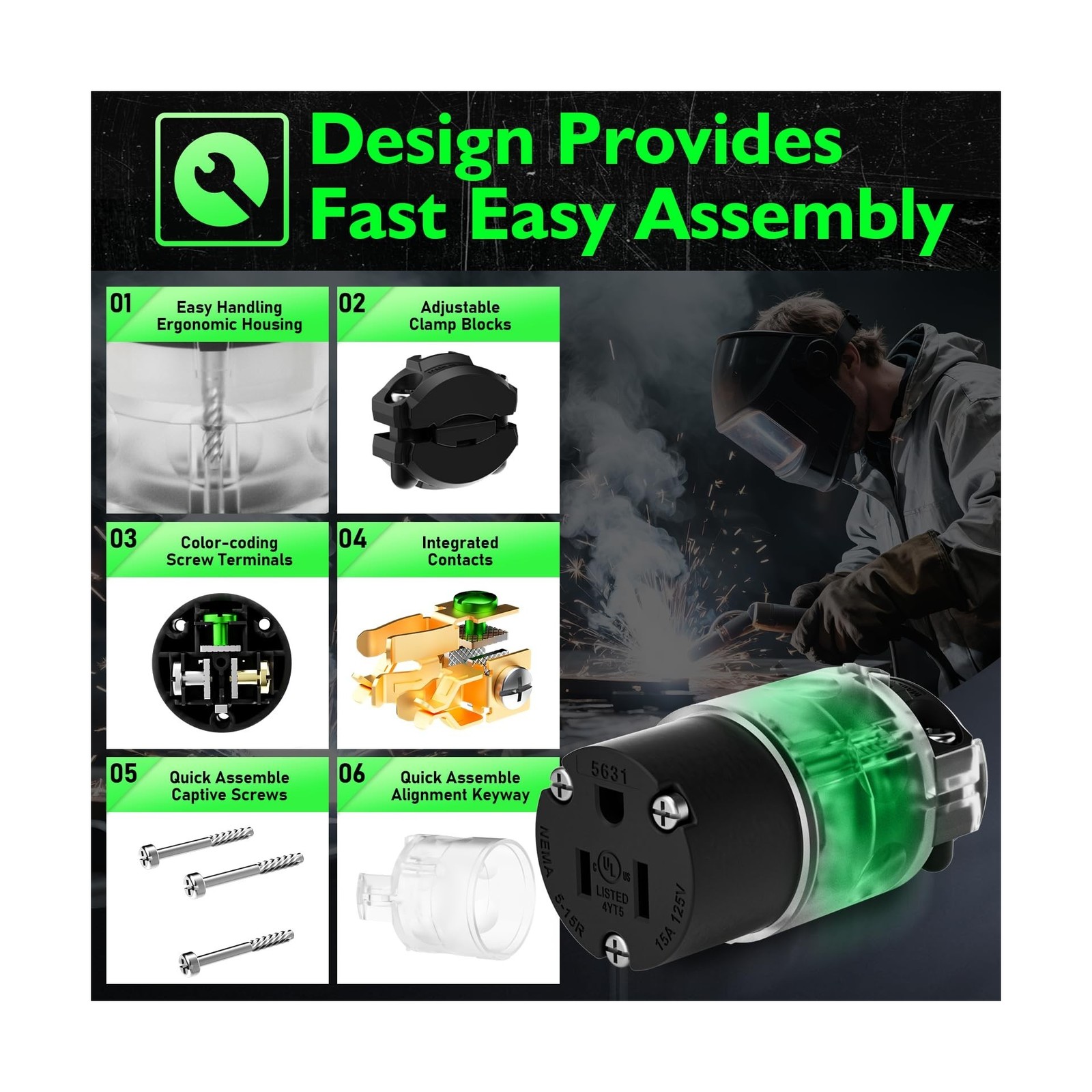 5 Set Lighted Extension Cord Ends, 15A 125V Extension Cord Replacement Ends 3...