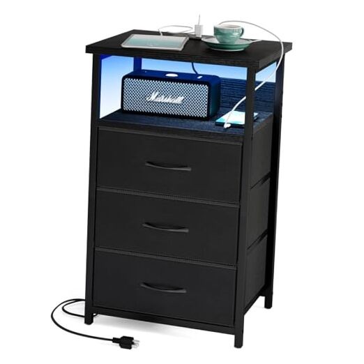 Night Stand with Charging Station, LED Nightstand with U-S-B Black 3 Drawers