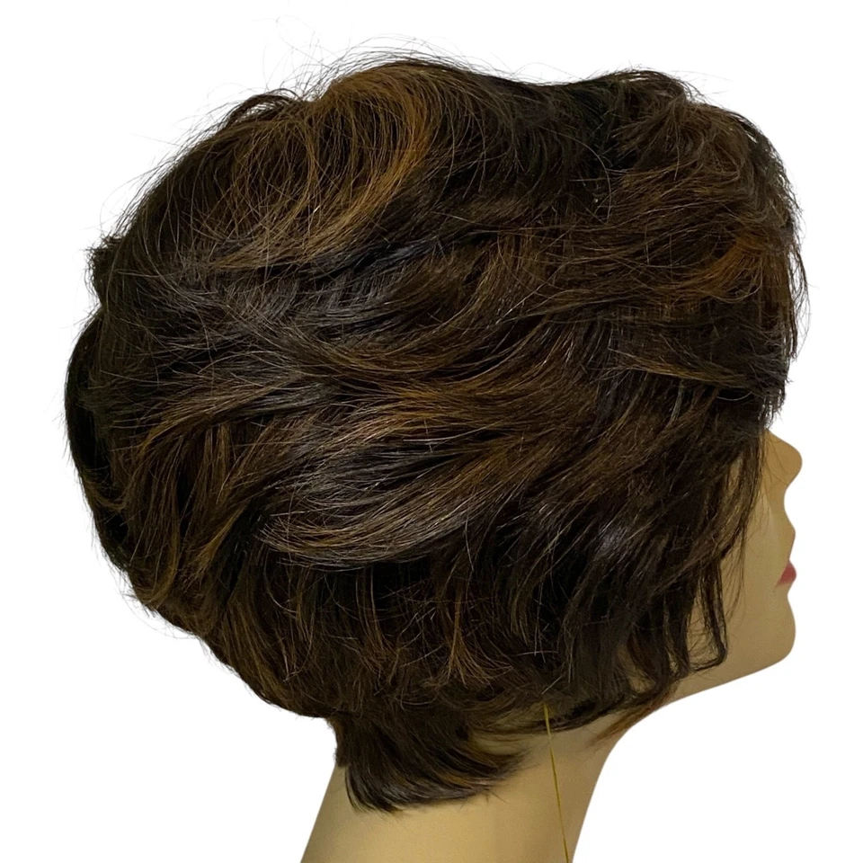 Human Hair Blend Wig Dk Brown Copper Frost Short Layered Pixie for Women A835W4 - Image 2 of 4