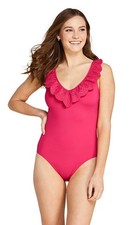 LANDS END DRAPER JAMES Size 18 Pink Eyelet Ruffle Swimsuit Swim Suit Womens
