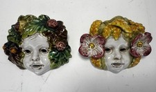 Italian Majolica Art Pottery Cherub Flowers Bacchus Face Mask (2) Wall Hangings