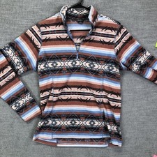 Eddie Bauer Sweater Womens Medium Brown Blue Fleece Quarter Zip Pullover Aztec