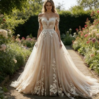 Champagne Vintage Wedding Dress A-Line Off-Shoulder Lace Appliques Bride Gown