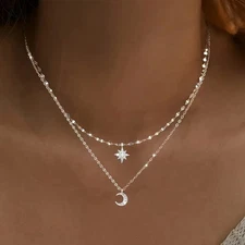 Rhinestones Inlaid Star and Moon Theme Women's Layered Necklace Gift US