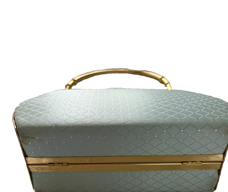 Golden Tone Metal Frame Crystal Rhinestone Fashion Clutch Evening Bag Light Blue - Image 4 of 4