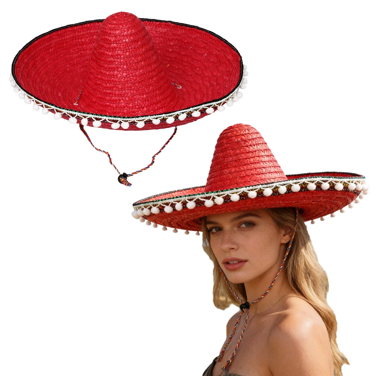 DEGUISE TOI Sombrero Mexicano Adulto – Paja Natural Con Contorno Rojo Y Azul, Talla 58 Cm