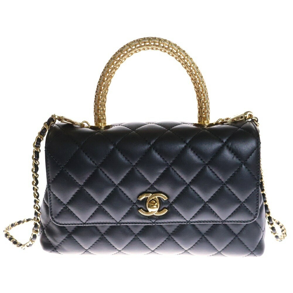 Chanel Black Lambskin Atelasse Top Handle Chain Shoulder Bag