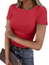 Women Short Sleeve Crewneck Ribbed Knit Slim Fitted Shirts Summer Tops Basic ...