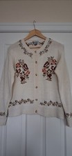 Vintage 90s Embroidered Cardigan Sweater Cream Floral Cottagecore Boho 14/16 VGC