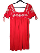 Zara Womens Dress Medium Embroidered Boho Red Tassels Mini Short Sleeve Square