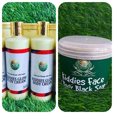 100% PURE NATURAL KIDS GLOW ORGANIC 100% African Black Soap DIY 300g & Glow Body Cream 250