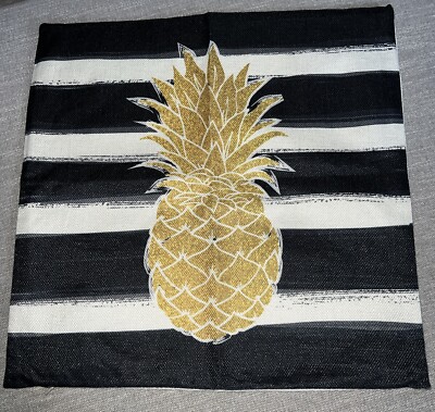 Sofa Pillow Cover Case 17  Zip Gold Pineapple Black White Patio Living Room NWOT