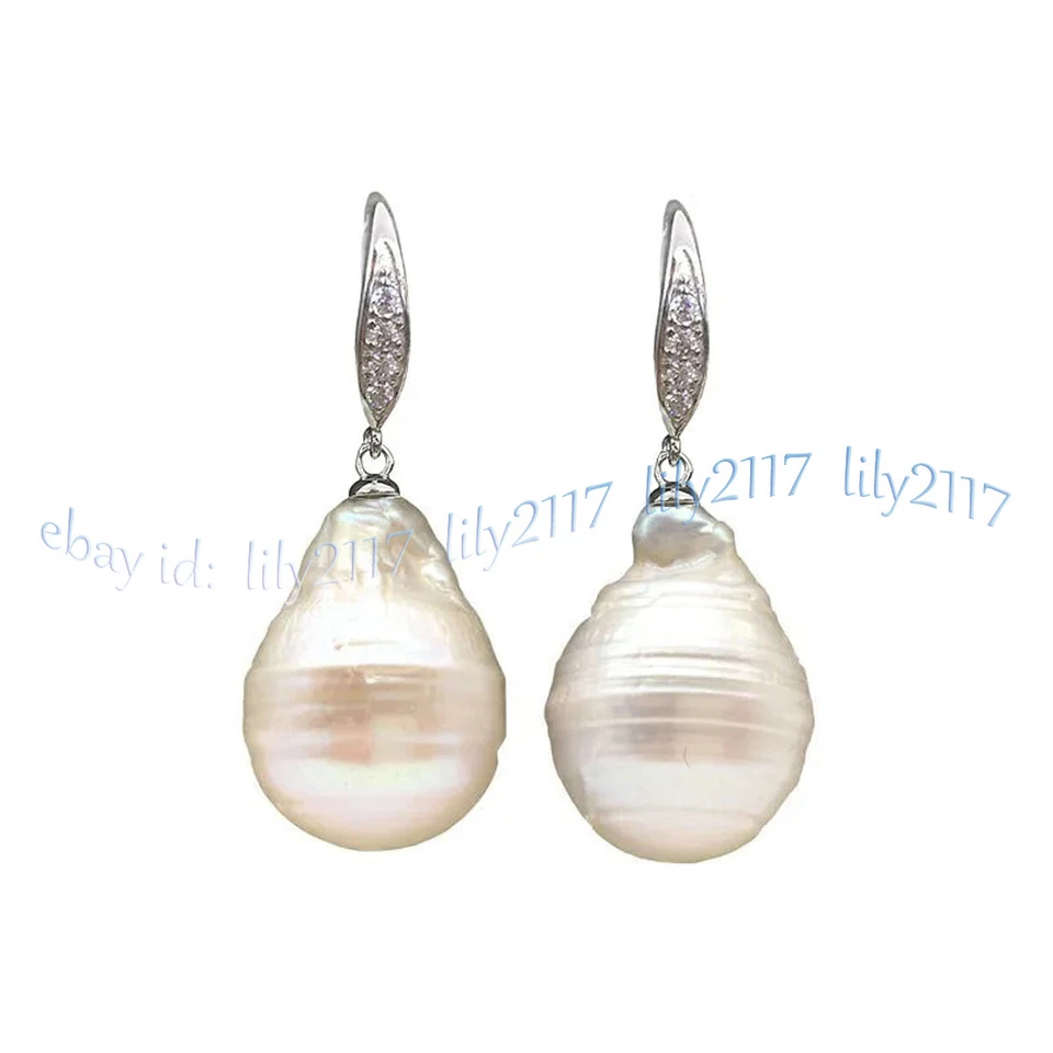 Huge 15x20MM Rare Natural White South Sea Baroque Keshi Pearl Dangle Earrings - Image 4 of 4