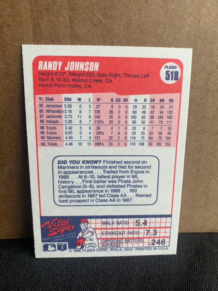 1990 Fleer Baseball Card Seattle Mariners Randy Johnson eBay