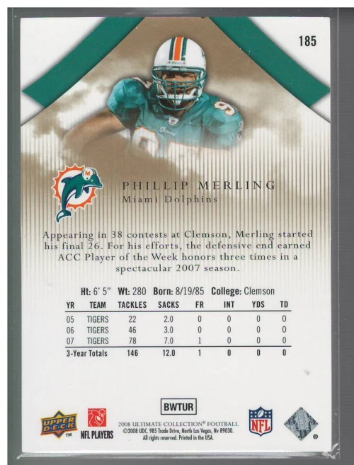 B4931- 2008 Ultimate Collection #185 Phillip Merling RC /275 - NM-MT - Image 2 of 2