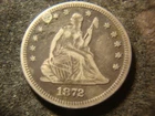 1872 VF Detail Full Date Seated Liberty Quarter Small repair DEL