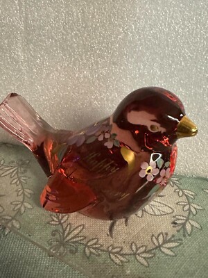 Fenton Glass Pink Rose Hand Painted Bird Happy Anniversary Signed