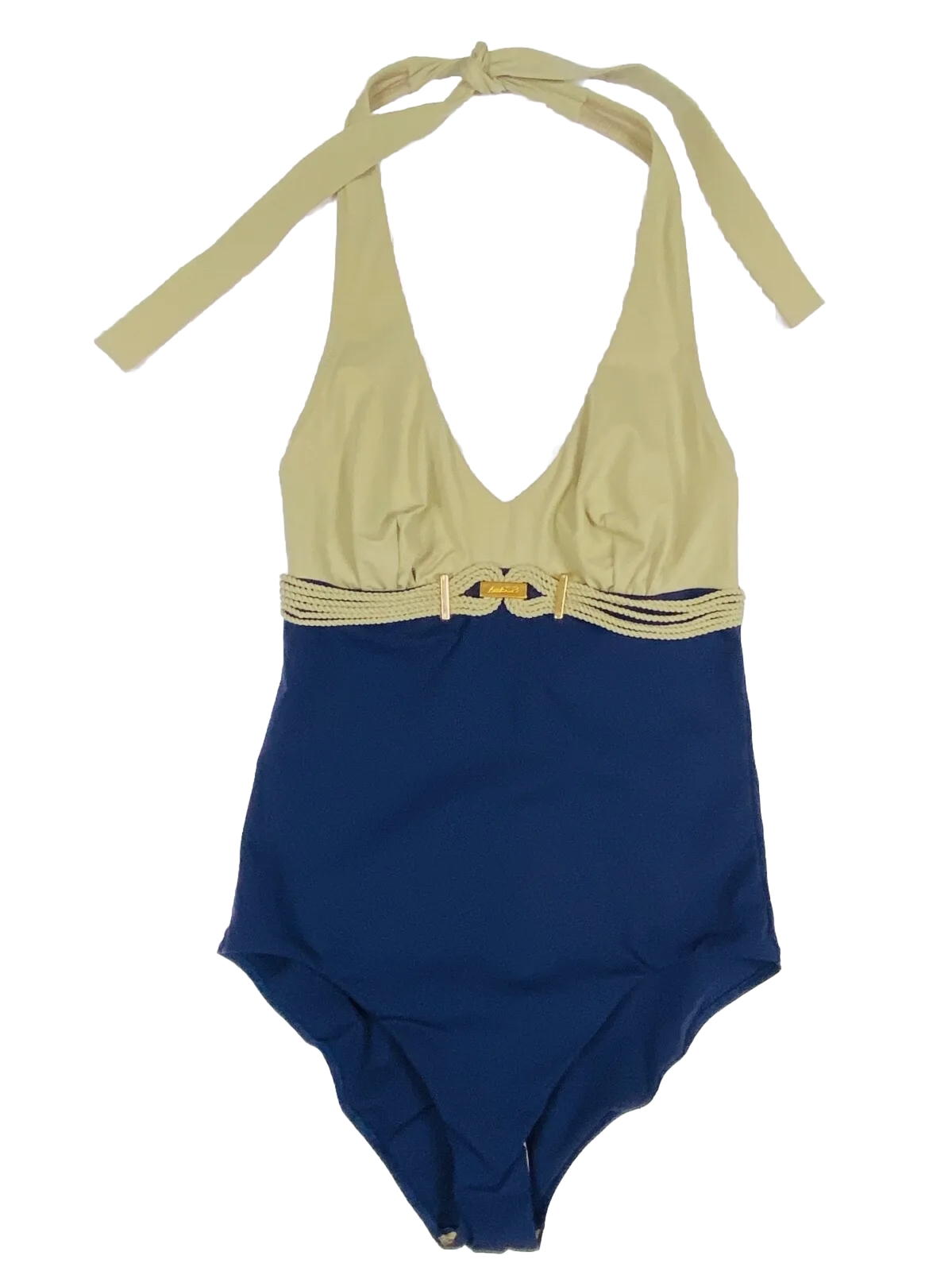 Anna CLUB La Perla Tan Navy Nautical Rope Plunge Pc Swimsuit Sz