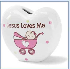 Jesus Loves Me Baby Girl Bank - Pink Carriage - Baby Shower Gift Ceramic Heart
