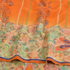 Sanskriti Vintage Orange Pure Crepe Saree Floral Print 5.5 YD Sari Fabric Craft