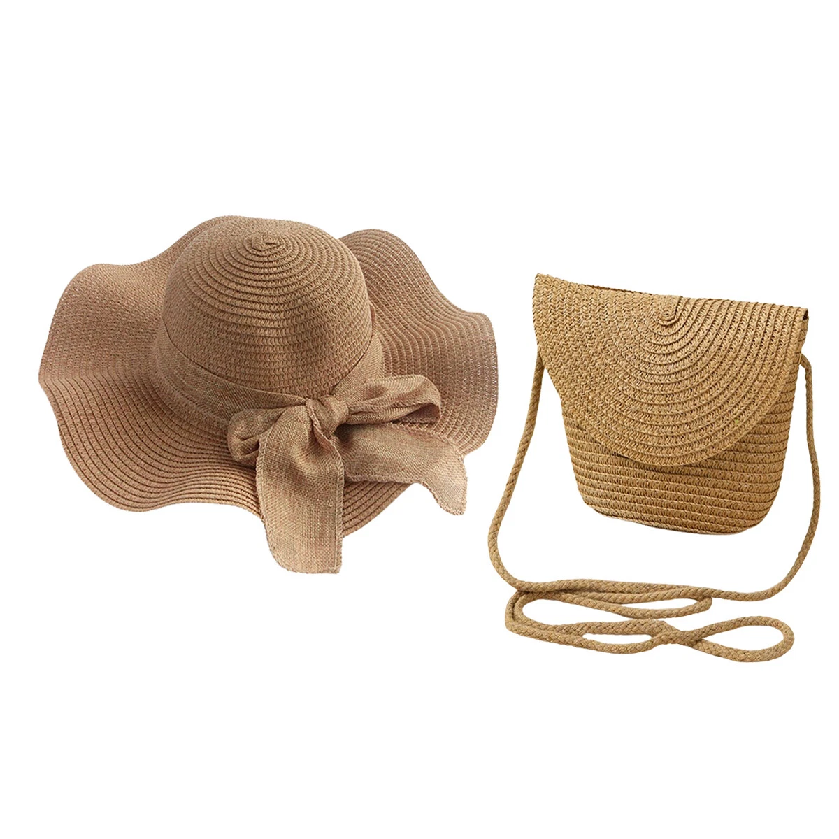 Women's Bow Wide Brim Summer Beach Straw Sun Hat and Crossbody Straw Bag Set