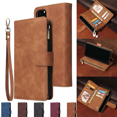 For iPhone 14 15 Plus 13 12 Pro Magnetic Leather Zipper Wallet Case Flip Cover