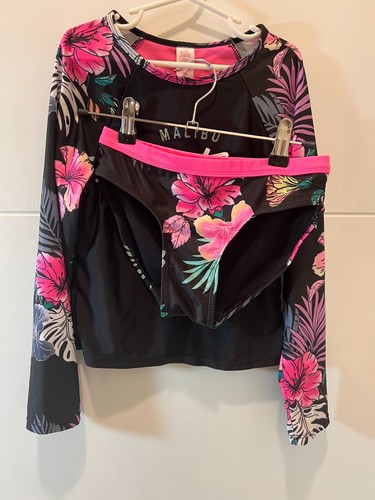 Justice Sporty Swim Wear Set Girls 2-Piece Size M 10 Rash Guard Surfer Girl UPF