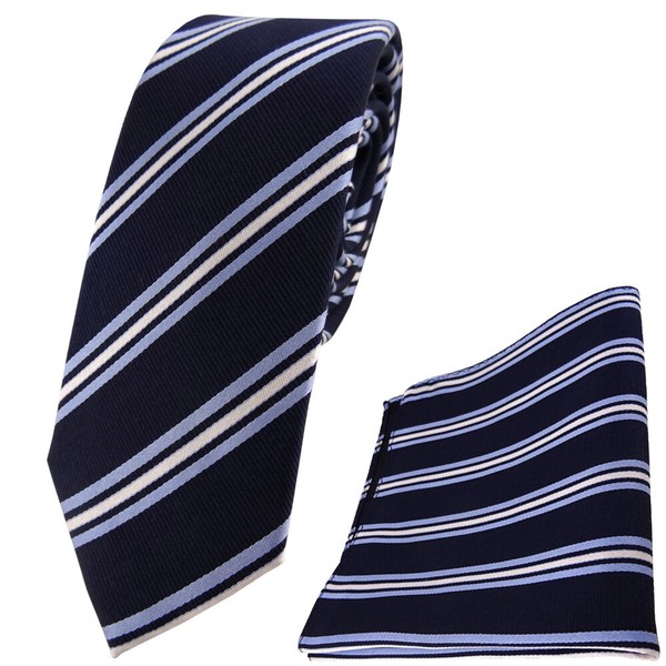 Schmale Tigertie Seidenkrawatte + Einstecktuch In Blau Marine Silber Gestreift-image