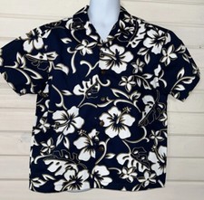 Hilo Hattie Kids Aloha Shirt Sz XXS 4/5 Cotton Made in Hawaii Blue Floral EUC