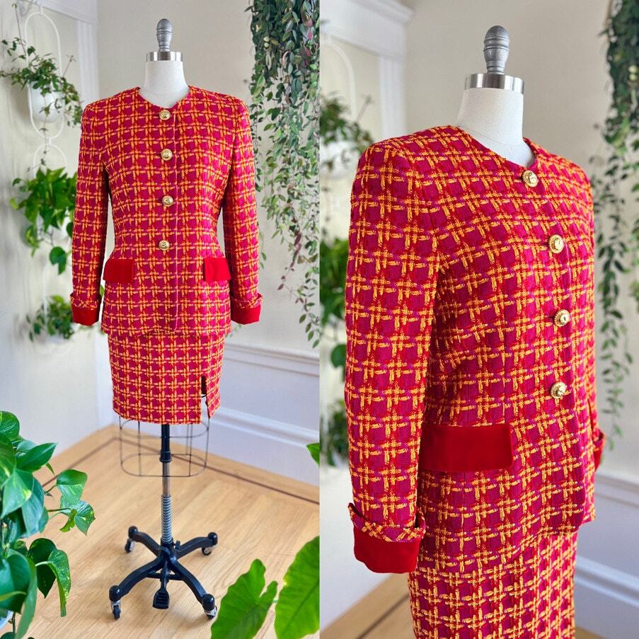 Vintage 1980s ESCADA Skirt Suit 80s Chenille Plaid Wool