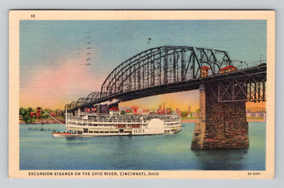 Postcard Excursion Steamer Boat Ship Cincinnati Ohio OH Bridge River View 1939